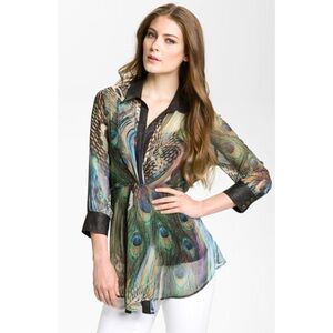 ALBERTO MAKALI Peacock Print Faux Wrap Sheer Vegan Leather Trim Top Womens Large
